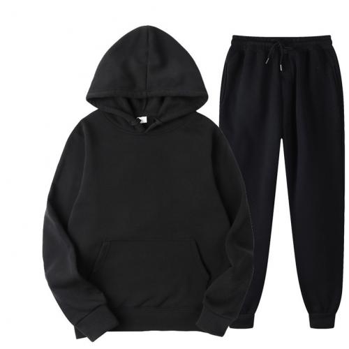Polyester With Siamese Cap Men Casual Set & two piece Cotton Long Trousers & Sweatshirt Solid Set