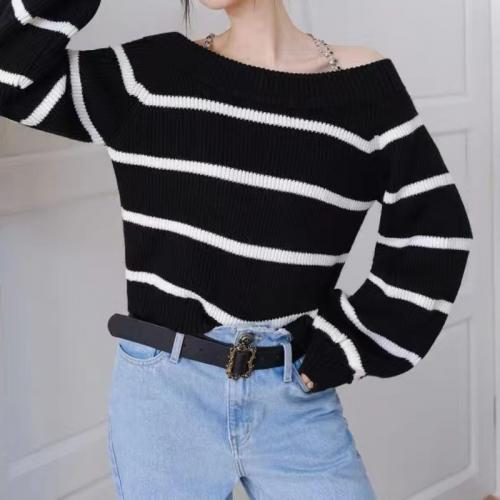 Polyester Women Sweater & off shoulder & loose knitted striped black PC