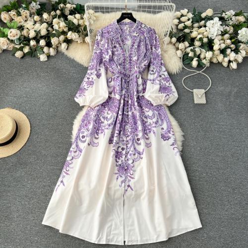 Mixed Fabric Waist-controlled & Soft & long style One-piece Dress slimming printed floral PC