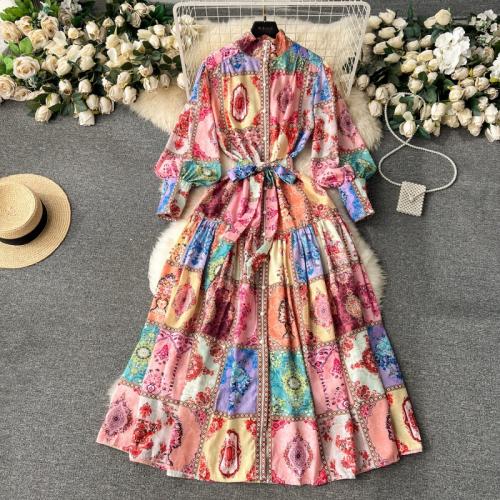 Mixed Fabric Waist-controlled & Soft & long style One-piece Dress slimming printed mixed pattern PC