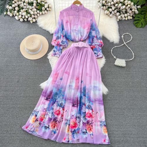 Mixed Fabric Soft & long style & Pleated & High Waist Two-Piece Dress Set slimming printed floral Set