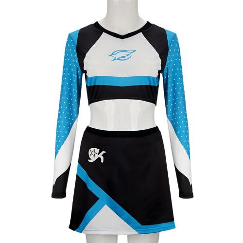 Spandex & Polyester Plus Size Sexy Cheerleaders Costume Skirt & top printed black and blue Set