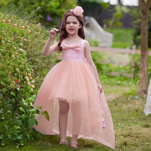 Gauze & Cotton Princess Girl One-piece Dress & short front long back Hair Band Solid PC