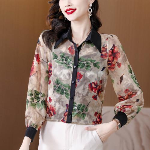 Polyester Slim Women Long Sleeve Shirt printed mixed colors PC