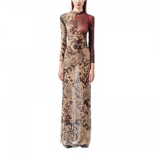 Polyester Slim Sexy Package Hip Dresses printed khaki PC