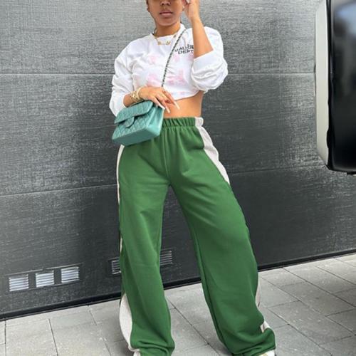 Polyester High Waist Women Long Trousers & loose patchwork green PC