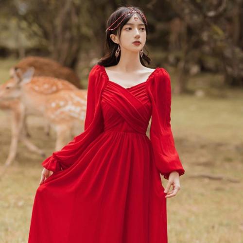 Jute Slim One-piece Dress patchwork red PC