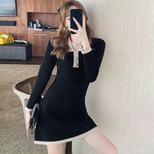 Knitted Slim One-piece Dress patchwork PC