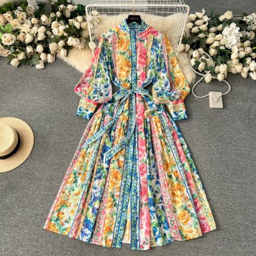 Polyester Slim One-piece Dress large hem design printed floral mixed colors PC