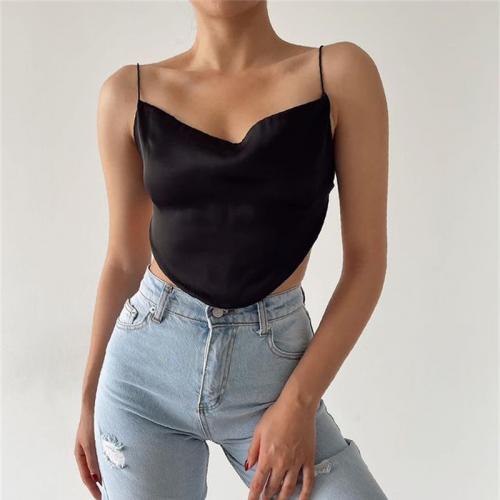 Satin Camisole midriff-baring & backless Solid black PC