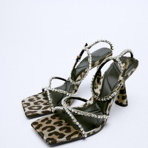 PU Leather Women Sandals & with rhinestone leopard coffee Pair