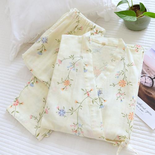 Cotton Women Pajama Set & two piece Pants & top floral beige Set