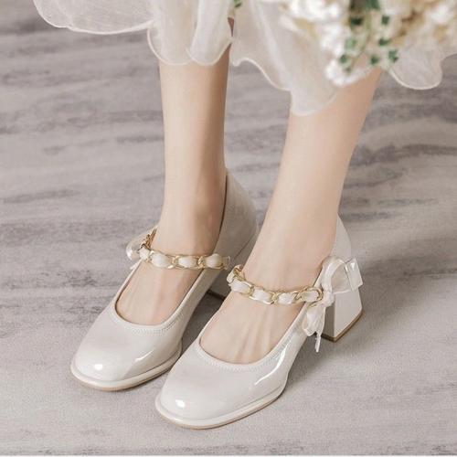 Microfiber PU Synthetic Leather & Rubber with bowknot & chunky High-Heeled Shoes white Pair