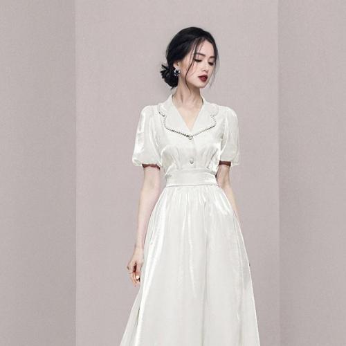 Spandex & Polyester Slim & High Waist One-piece Dress embroidered white PC