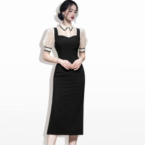 Polyester Slim One-piece Dress patchwork black PC