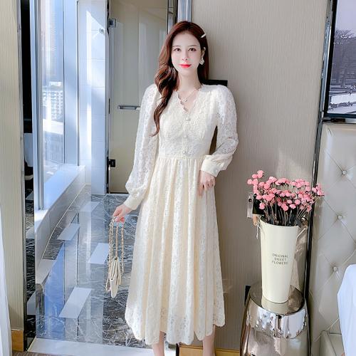 Polyester Slim One-piece Dress mid-long style patchwork Apricot PC