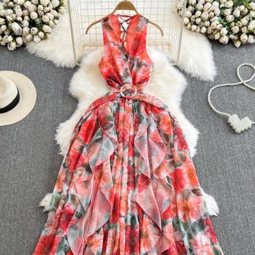 Polyester Waist-controlled One-piece Dress large hem design & backless printed floral red PC