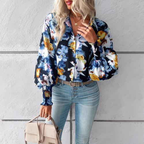 Polyester lace & Soft Women Long Sleeve Shirt & breathable printed PC