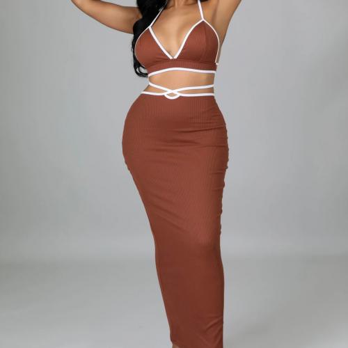 Polyester Slim Two-Piece Dress Set midriff-baring & backless & two piece Set