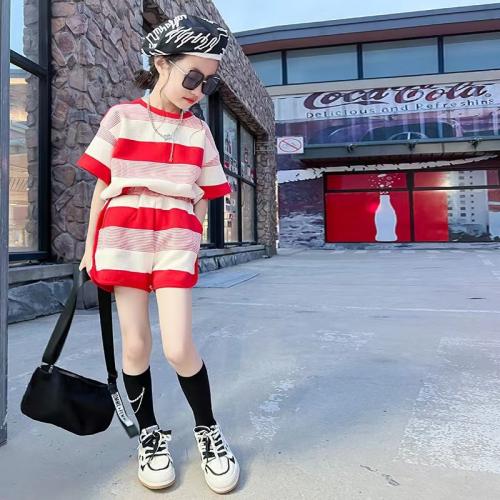 Polyester Girl Clothes Set & two piece & loose Pants & top printed striped Set