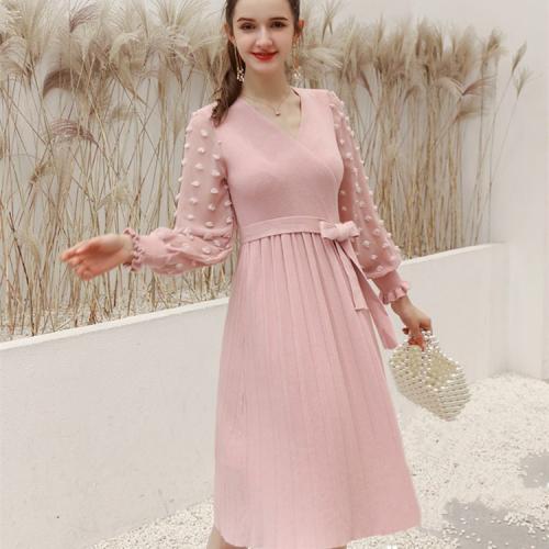 Knitted Slim One-piece Dress mid-long style patchwork : PC