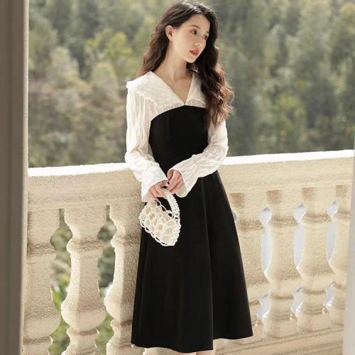Polyester One-piece Dress slimming & fake two piece patchwork white and black PC