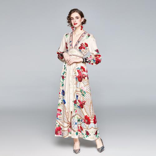 Polyester Einteiliges Kleid, Gedruckt, Floral, Aprikose,  Stück