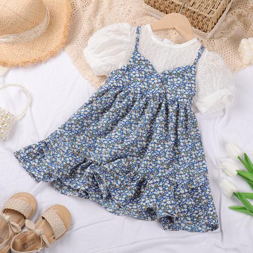 Polyester Girl One-piece Dress & fake two piece & breathable printed shivering blue PC