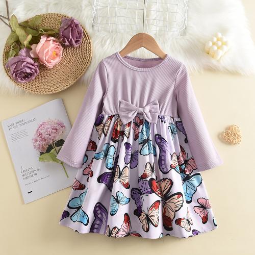 Polyester Soft Girl One-piece Dress & breathable printed butterfly pattern purple PC