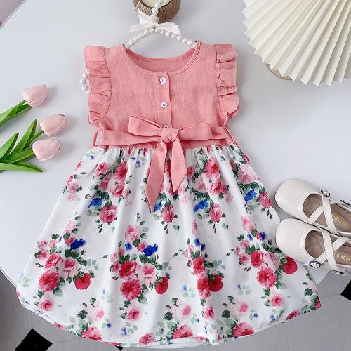 Polyester Girl One-piece Dress with bowknot printed floral purple PC