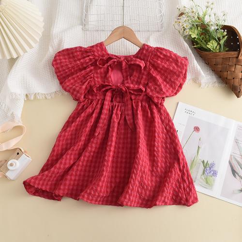 Polyester Soft Girl One-piece Dress with bowknot plaid red PC