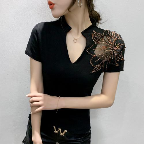 Polyester & Cotton Slim & Plus Size Women Short Sleeve T-Shirts iron-on black PC