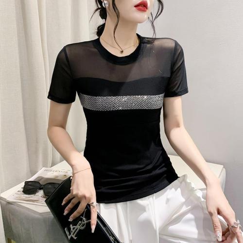 Polyester Slim & Plus Size Women Short Sleeve T-Shirts see through look patchwork PC