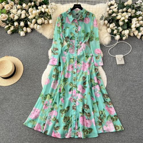 Polyester Waist-controlled & Soft One-piece Dress large hem design printed floral green PC