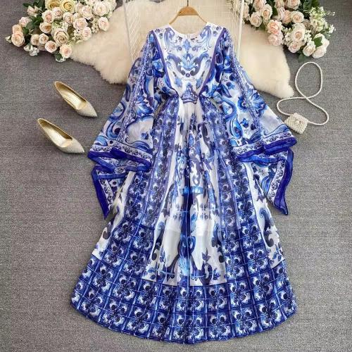 ポリエステル ワンピースドレス 印刷 花 青 一つ