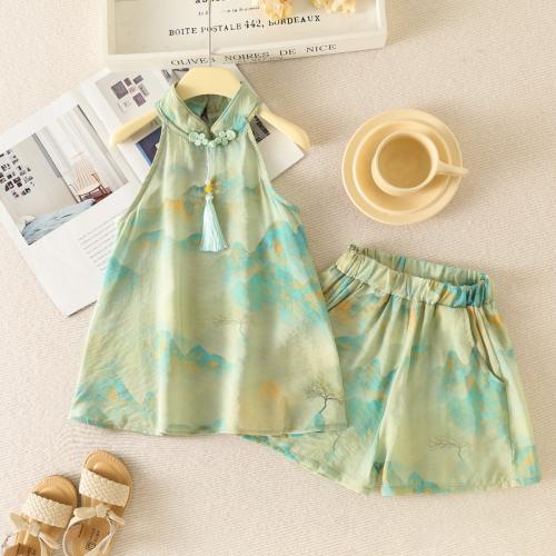 Polyester Girl Clothes Set & two piece printed green Set
