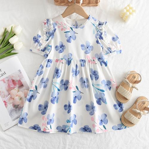 Polyester Soft Girl One-piece Dress & breathable printed floral white PC
