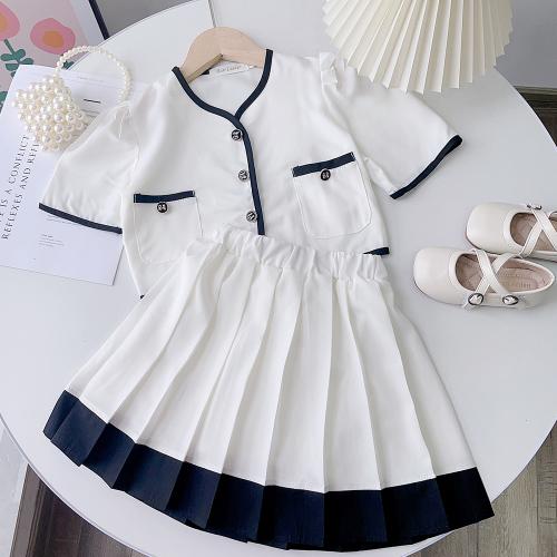 Polyester Soft & Pleated Girl Two-Piece Dress Set & two piece Solid white Set