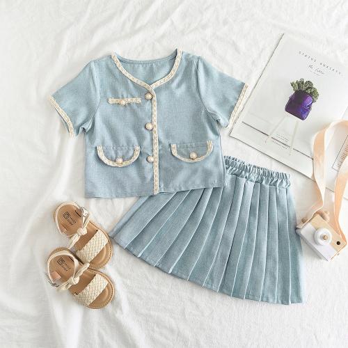 Polyester Pleated Girl Two-Piece Dress Set & two piece & breathable Solid blue Set
