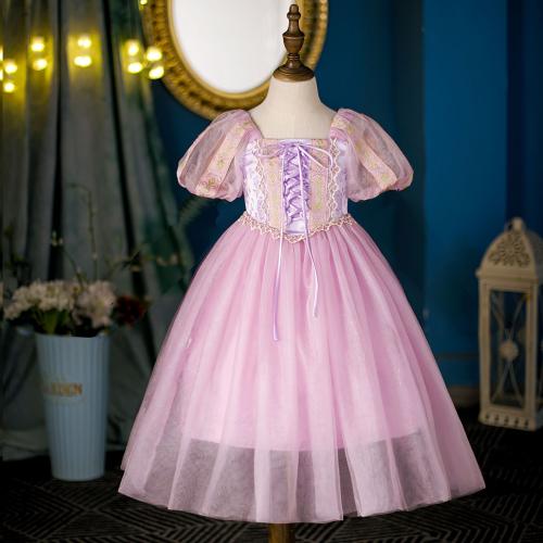 Gauze & Cotton Princess Girl One-piece Dress  patchwork Solid pink PC
