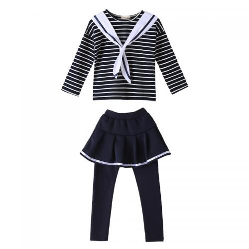 Cotton Children Clothes Set & breathable Culottes & top patchwork striped Navy Blue Set