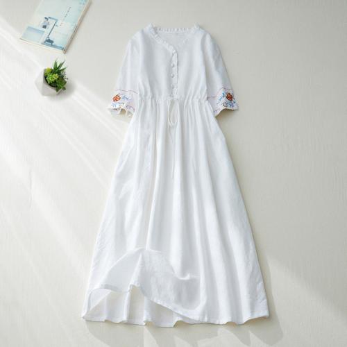 Cotton Linen One-piece Dress & loose embroidered Solid :2XL PC