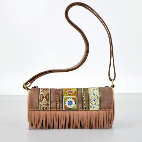 PU Leather & Polyester Vintage & Tassels Shoulder Bag embroidered mixed colors PC