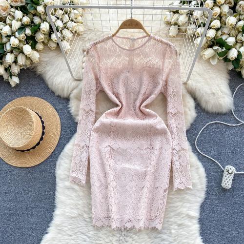 Lace & Polyester Sexy Package Hip Dresses see through look & hollow & breathable pink PC