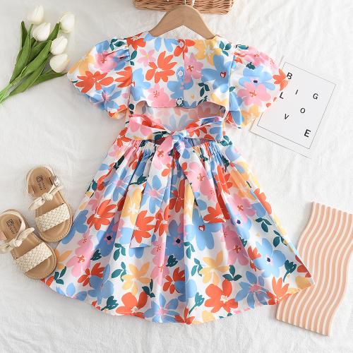 Polyester Girl One-piece Dress & sweat absorption & breathable printed floral multi-colored PC