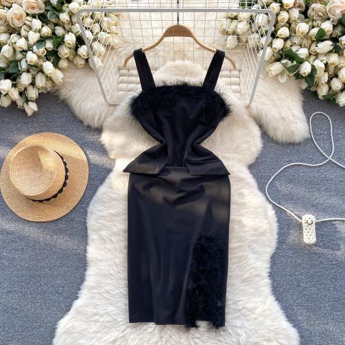Polyester Waist-controlled Sexy Package Hip Dresses slimming & backless Solid black PC