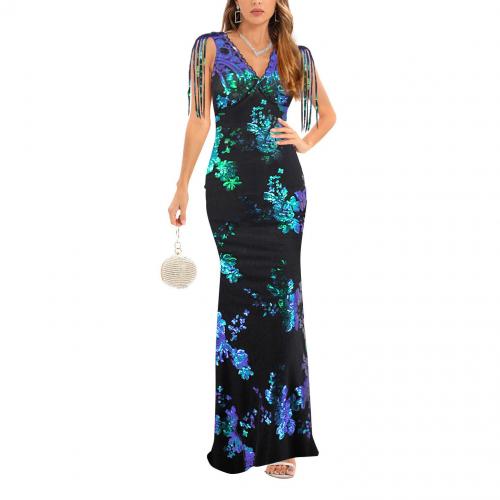 Polyester Slim Long Evening Dress backless patchwork PC