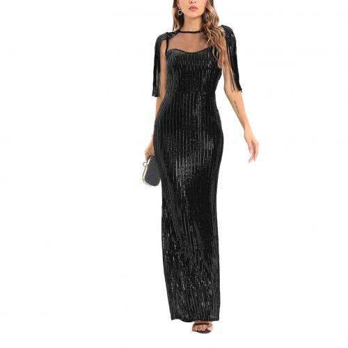 Polyester Slim Long Evening Dress patchwork Solid PC