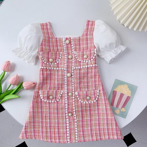 Polyester Soft Girl One-piece Dress & breathable printed plaid pink PC