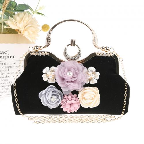 Plastic Pearl & Corduroy Evening Party Handbag with chain & attached with hanging strap & with rhinestone floral PC